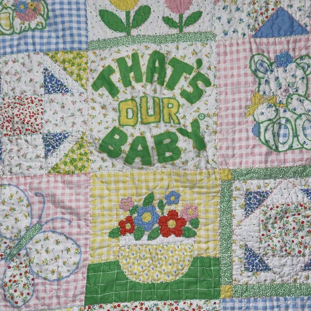 Vintage Baby Blanket Quilt‎ Thats Our Baby Handmade 37 x 47 Inches Ruffle Trim
